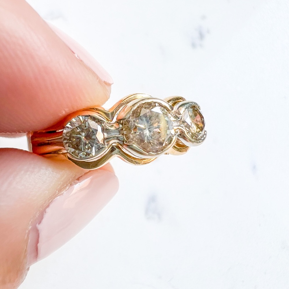 14K Yellow Gold Three Champagne Diamond Vintage Band Ring - Picture 10 of 12
